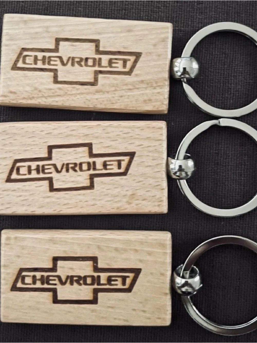 Set of 3 Chevrolet Engraved Wooden Key Chains - Natural Wood